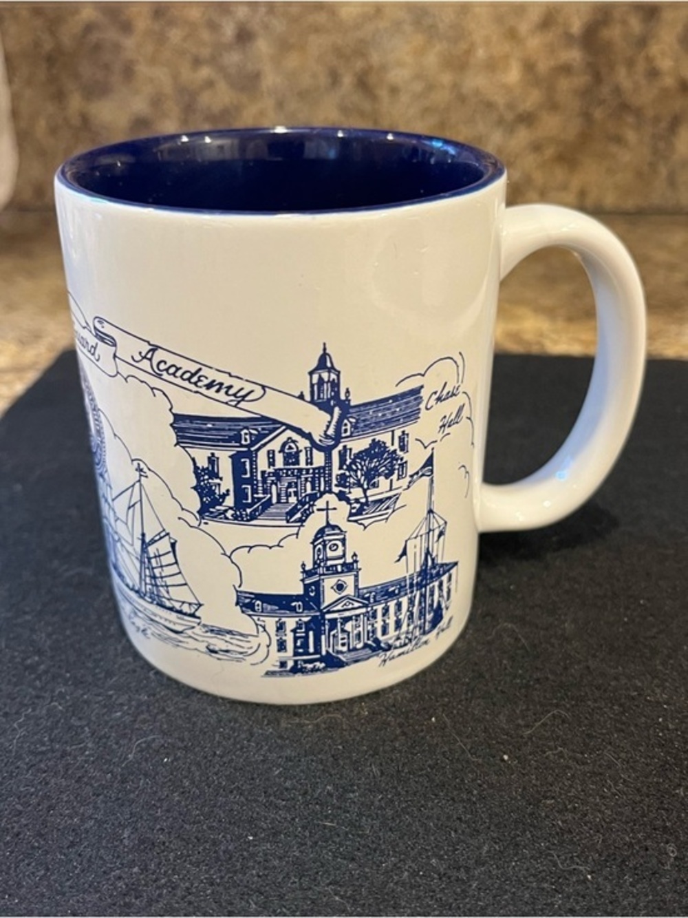 Vintage Linyi United States Coast Guard Academy Blue and White Illustrated Mug